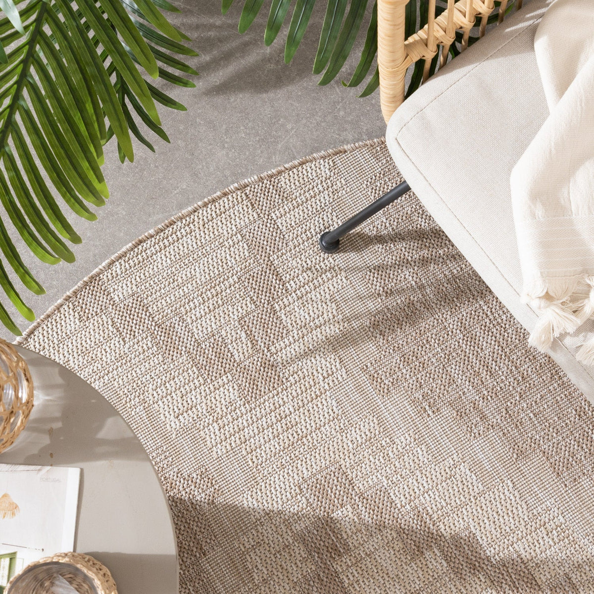 Round Jute Outdoor Rug - Atlas Diamond Brown/Cream