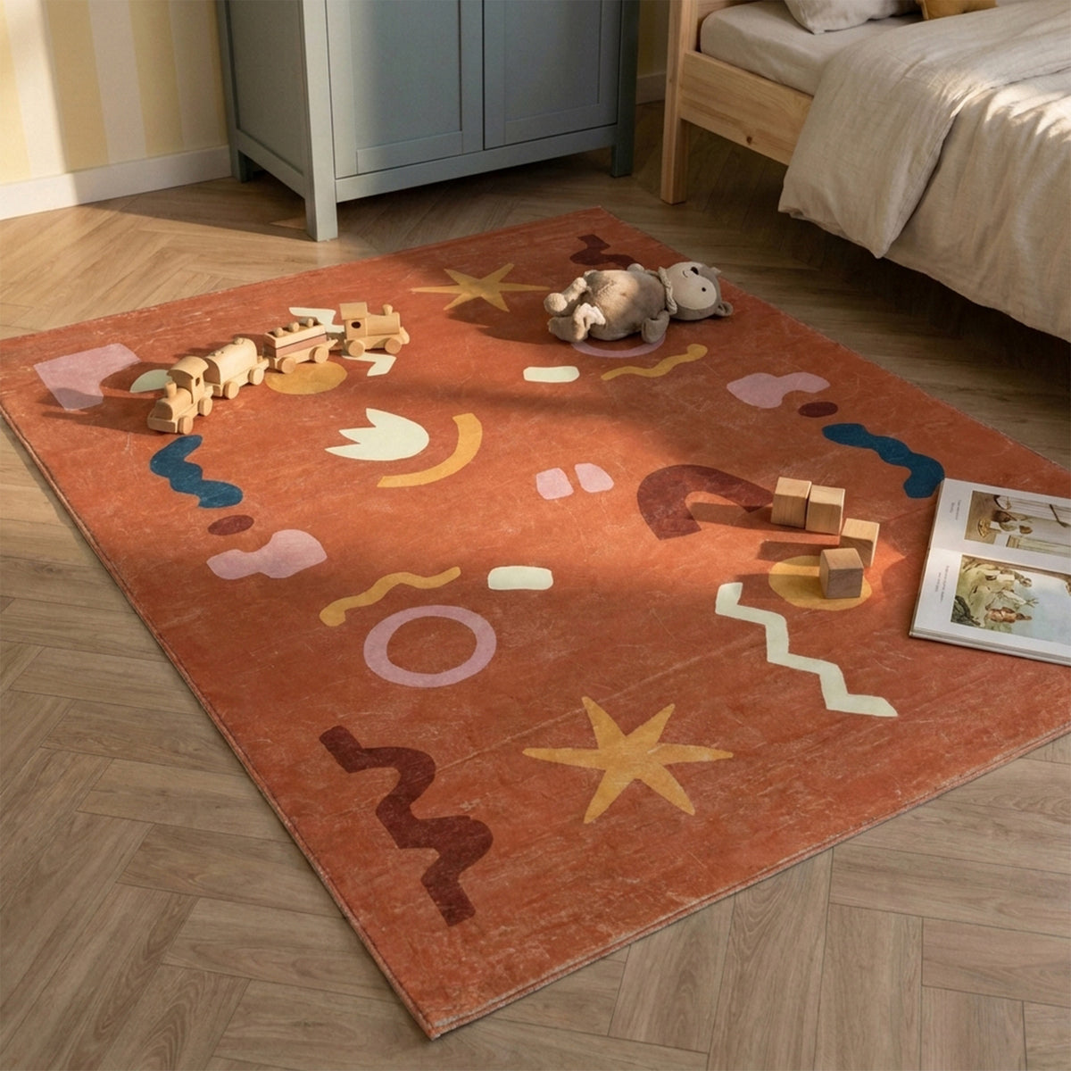 Washable children’s rug - Billy Shapes Terracotta