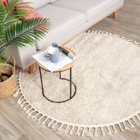 Teppich Hochflor Rund - Lofty Fringe Creme Weiß - product