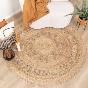 Juteteppich mit Quasten rund natur beige 90cm   - Stoffe  Meterwaren Nähzubehör kaufen 