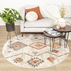 Hochflor Teppich Rund - Blend Aztec Creme Bunt