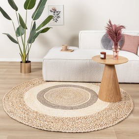 Jute Teppich Rund - Mirai Border Weiss Melange