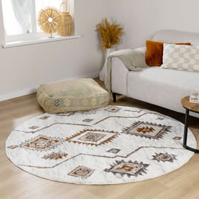 Hochflor Teppich Rund - Blend Aztec Creme Bunt
