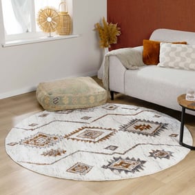 Hochflor Teppich Rund - Blend Aztec Creme Bunt