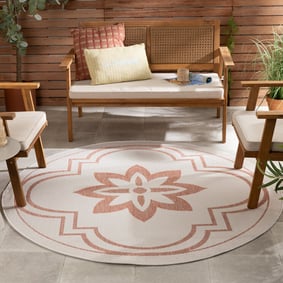 In- & Outdoor Teppich Rund - Isla Medaillon Weiß Rosa