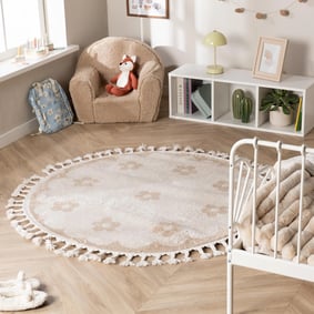 Waschbarer Kinderteppich Rund - Moos Flower Creme