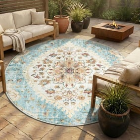 Vintage Gartenteppich Rund - Santo Mandala Hellblau