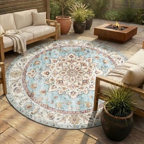 Vintage Gartenteppich Rund - Santo Medaillon Hellblau