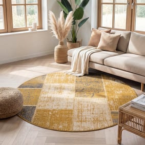 Teppich Vintage Rund - Spring Patchwork Ockergelb Taupe
