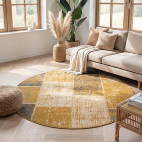 Teppich Vintage Rund - Spring Patchwork Ockergelb Taupe