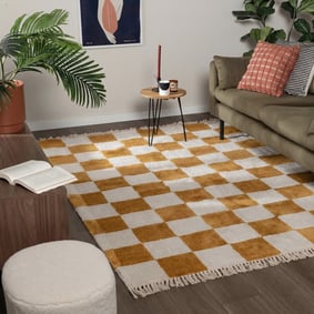 Teppich Kariert - Blox Fringe Ockergelb Weiß