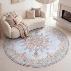 Teppich Vintage Rund - Lily Medaillon Hellblau Türkis