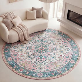 Teppich Vintage Rund - Lily Oriental Blau Rosa