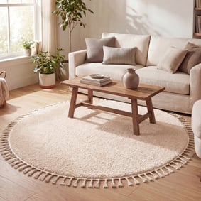 Teppich Hochflor Rund - Lofty Fringe Creme Weiß