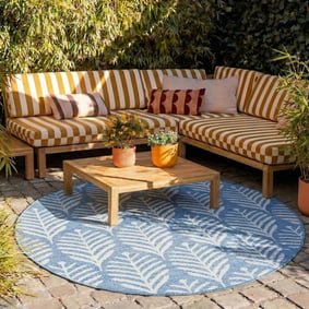In- & Outdoor Teppich Rund - Summer Leaves Blau