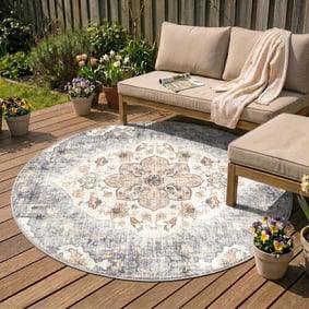 Vintage Gartenteppich Rund - Santo Mandala Blau Grau