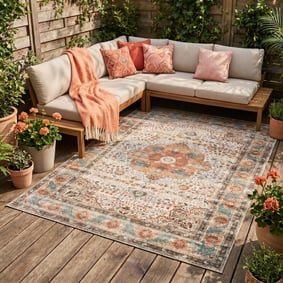 In- & Outdoor Teppich Vintage - Kairo Medaillon Creme Bunt