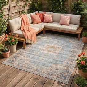 In- & Outdoor Teppich Vintage - Kairo Medaillon Hellblau Creme