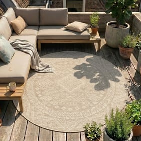 In- & Outdoor Jute Teppich Rund - Atlas Aztec Braun Creme