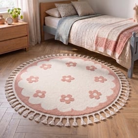 Waschbarer Kinderteppich Rund - Moos Flower Rosa