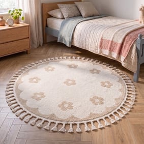 Waschbarer Kinderteppich Rund - Moos Flower Creme