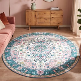 Teppich Vintage Rund - Lily Oriental Blau Rosa