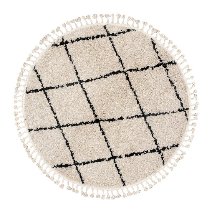 Teppich Hochflor Rund - Grand Lines Weave Creme Schwarz - 1
