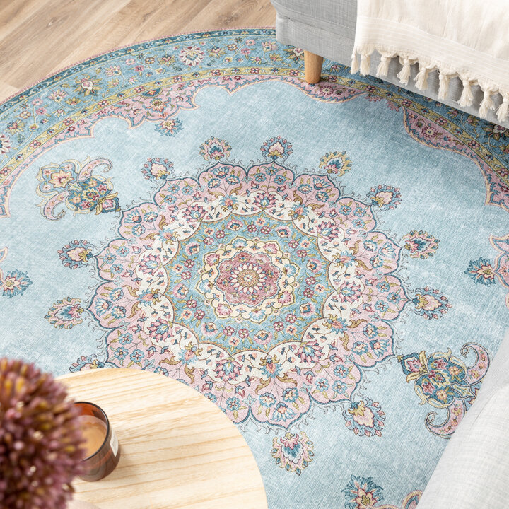 Teppich Vintage Rund - Lily Medaillon Hellblau Türkis - 4