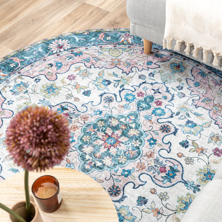 Teppich Vintage Rund - Lily Oriental Blau Rosa - 4