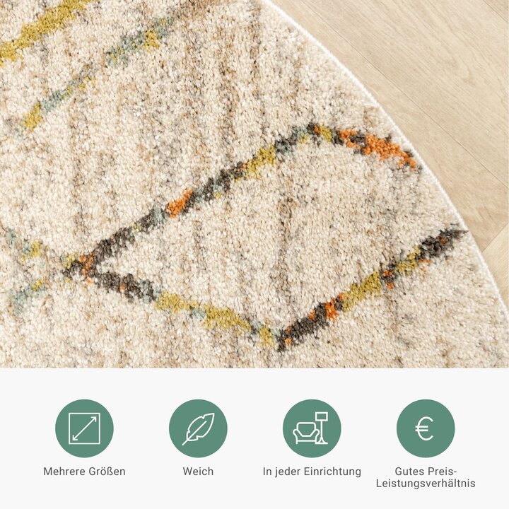 Hochflor Teppich Rund - Blend Diamond Creme Bunt - 4