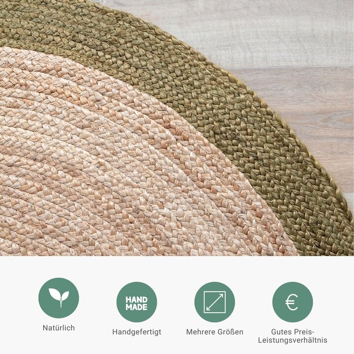 Jute Teppich Rund - Fair Natur Grün - 4
