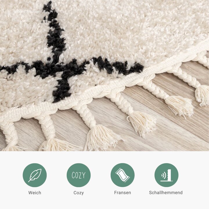 Teppich Hochflor Rund - Grand Lines Weave Creme Schwarz - 3