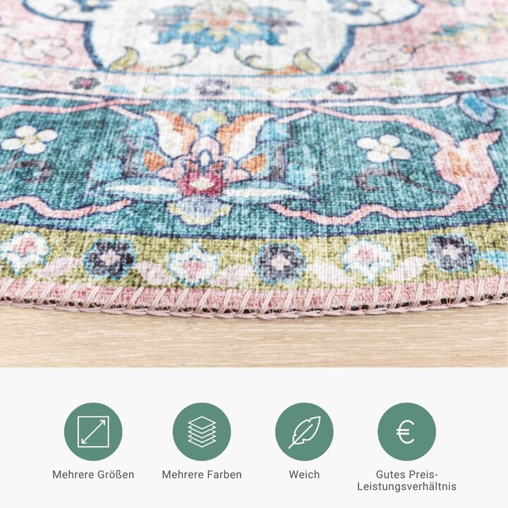 Teppich Vintage Rund - Lily Oriental Blau Rosa - 3