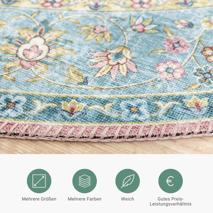 Teppich Vintage Rund - Lily Medaillon Hellblau Türkis - 3