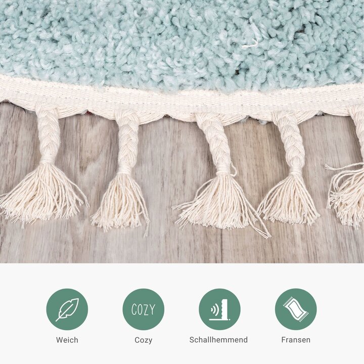 Teppich Hochflor Rund - Lofty Fringe Hellblau Türkis - 3