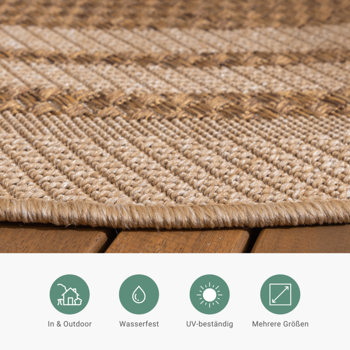 Jute Gartenteppich Rund - Mavi Border Creme Braun - 5