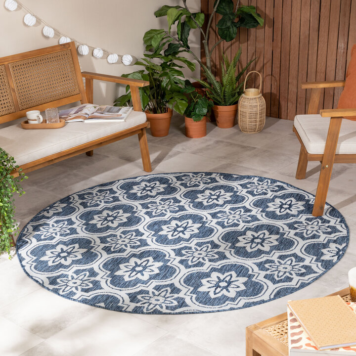 In- & Outdoor Teppich Rund - Rio Flower Dunkelblau