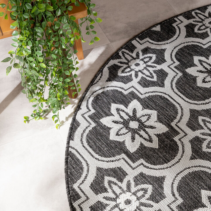 In- & Outdoor Teppich Rund - Rio Flower Schwarz  - 1