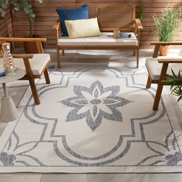 In- & Outdoor Teppich - Isla Medaillon Weiß Hellblau