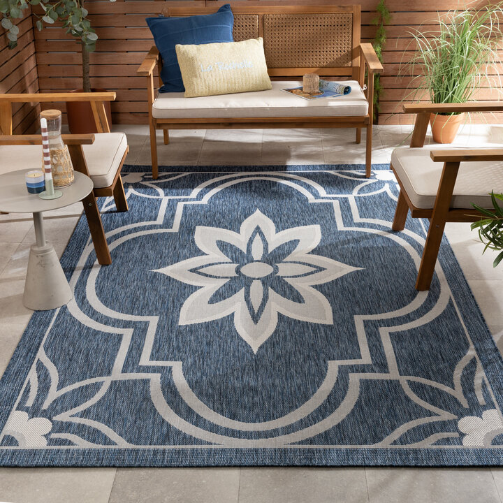 In- & Outdoor Teppich - Isla Medaillon Blau Weiß