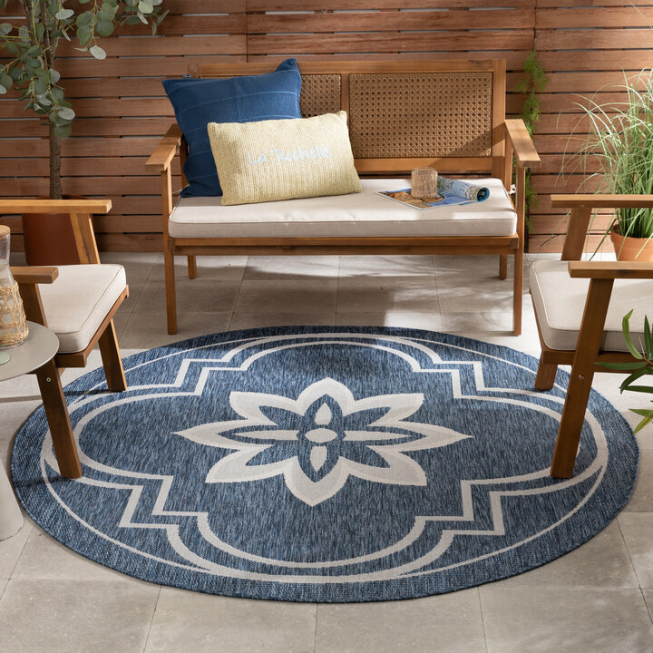 In- & Outdoor Teppich Rund - Isla Medaillon Blau Weiß