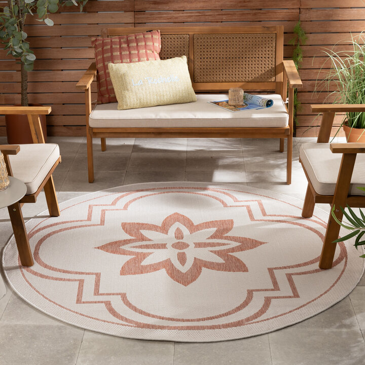 In- & Outdoor Teppich Rund - Isla Medaillon Weiß Rosa