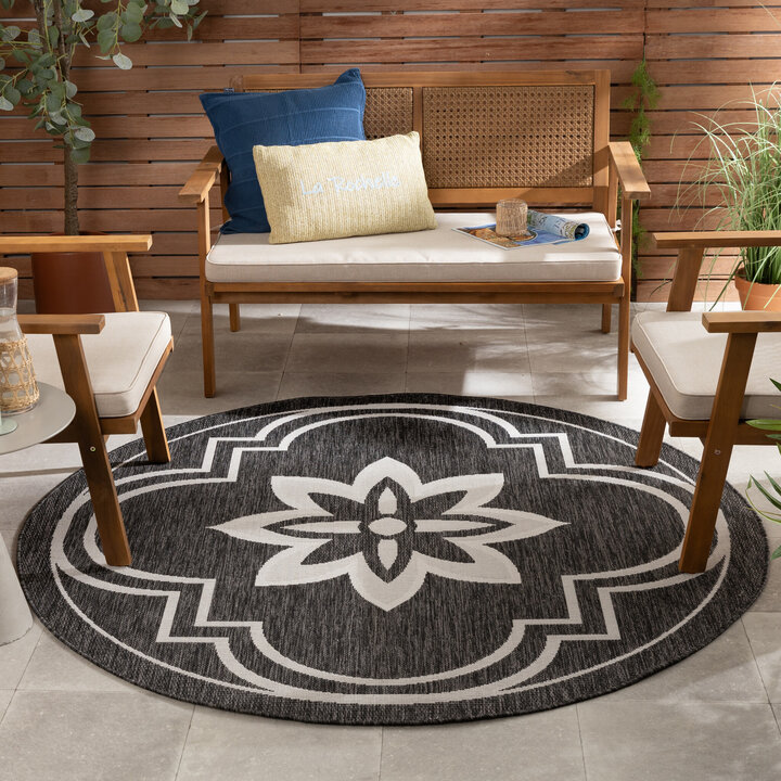 In- & Outdoor Teppich Rund - Isla Medaillon Schwarz Weiß