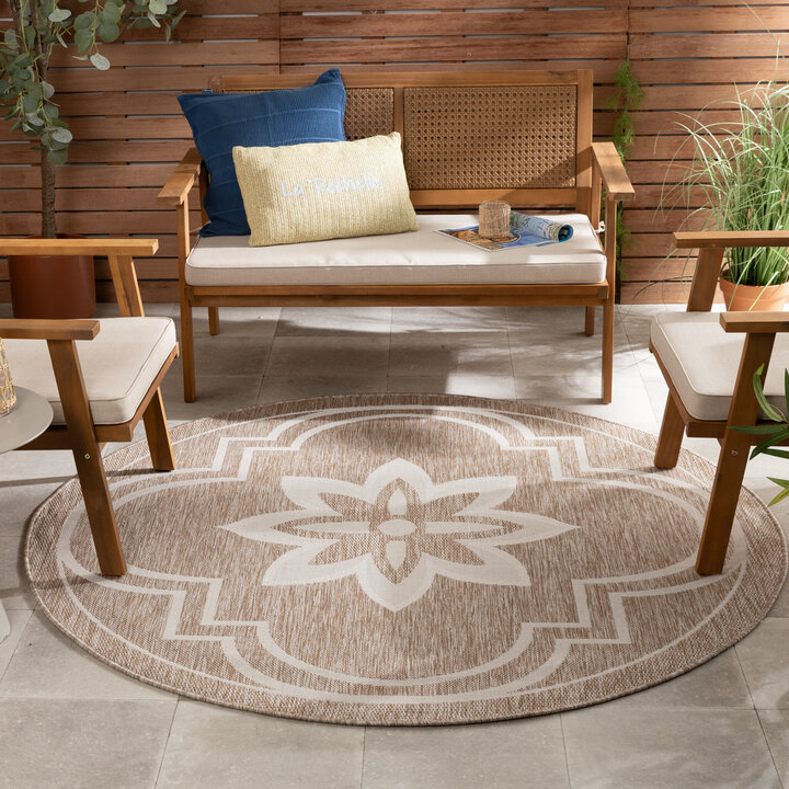 In- & Outdoor Teppich Rund - Isla Medaillon Beige Weiß