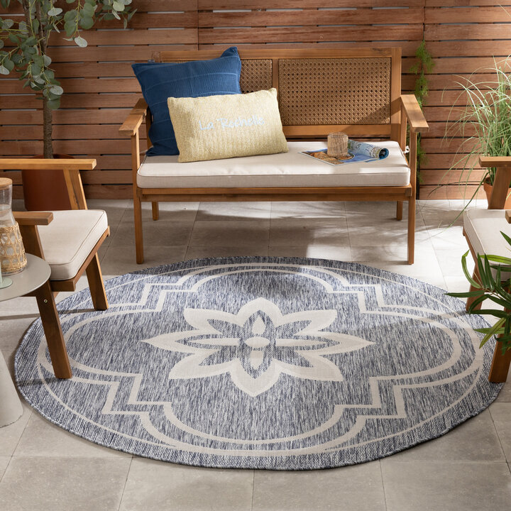 In- & Outdoor Teppich Rund - Isla Medaillon Hellblau Weiß