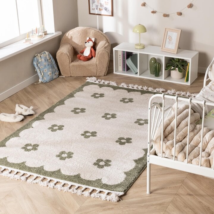 Waschbarer Kinderteppich - Moos Flower Grün