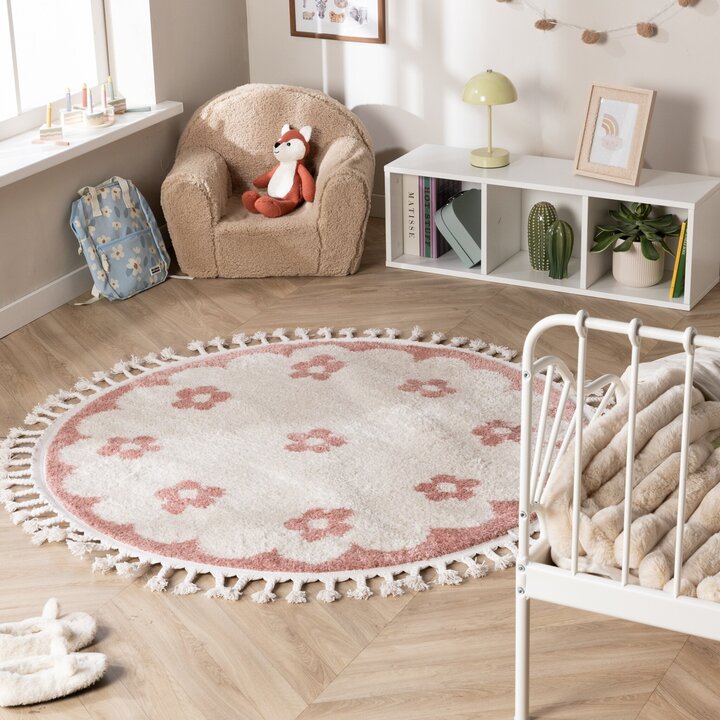 Waschbarer Kinderteppich Rund - Moos Flower Rosa