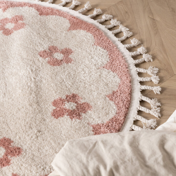 Waschbarer Kinderteppich Rund - Moos Flower Rosa - 2