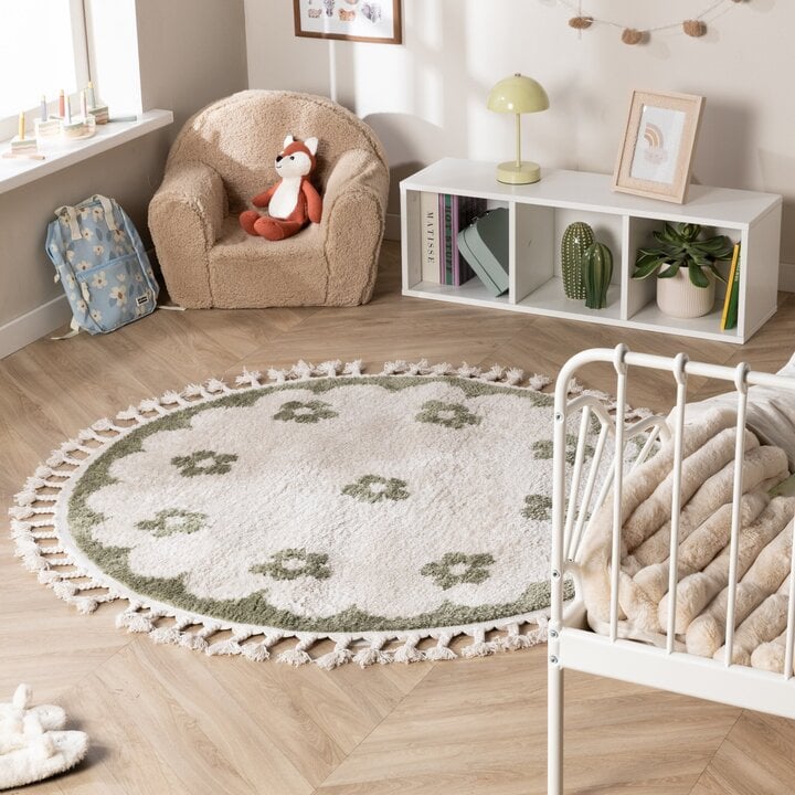 Waschbarer Kinderteppich Rund - Moos Flower Grün