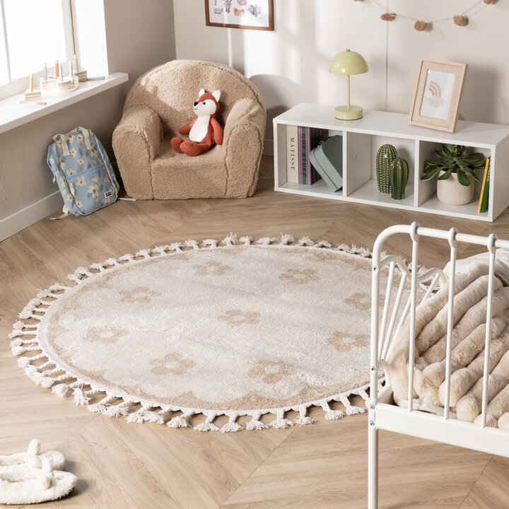 Waschbarer Kinderteppich Rund - Moos Flower Creme